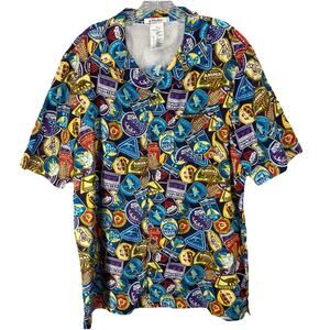 🌴 Disney Parks Mens L Multicolor Resort Badge Button Down Shirt 🌴